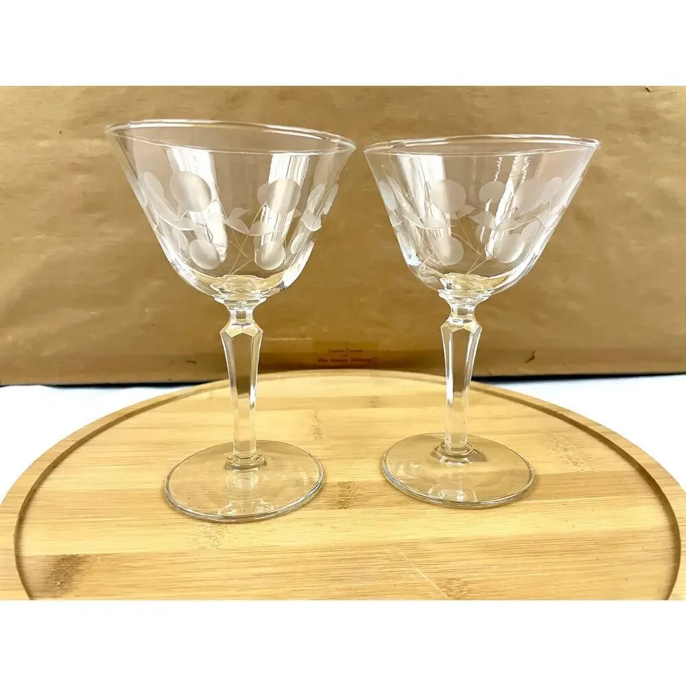 VTG Set of 2 Clear Carlton Champagne Glasses‎ Martini Stem Libbey Glass Etched